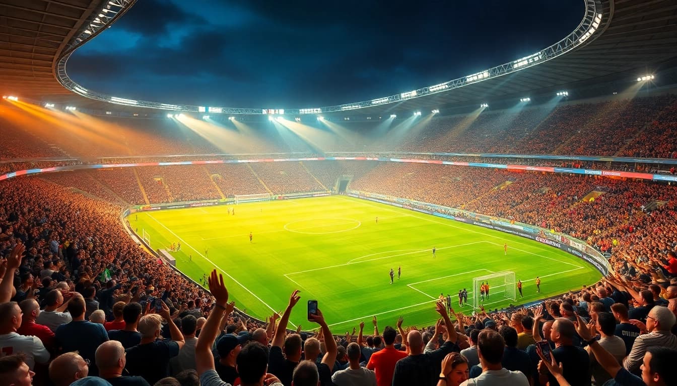 Live soccer streaming experience at https://socolive.spot/ with vibrant stadium atmosphere and enthusiastic fans.