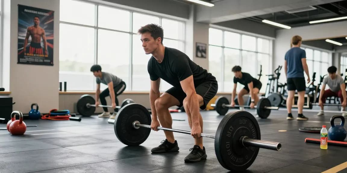 Prime Pharma Steroiden training scene featuring an athletic man deadlifting weights in a modern gym.