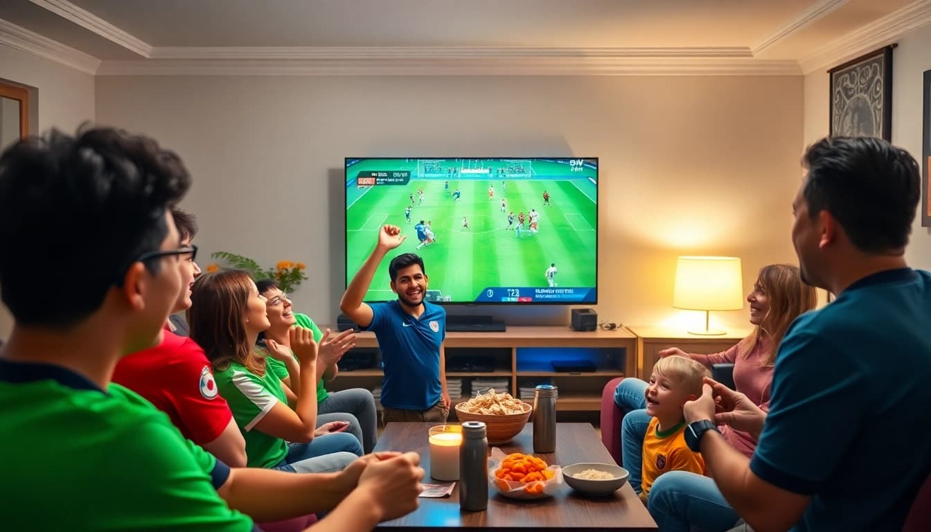 CakhiaTV live football viewing experience with passionate fans cheering and a vibrant atmosphere.