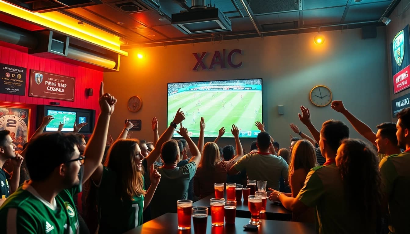 Xoilac TV trực tiếp bóng đá brings fans together in a lively sports bar atmosphere with a live football match on screen.