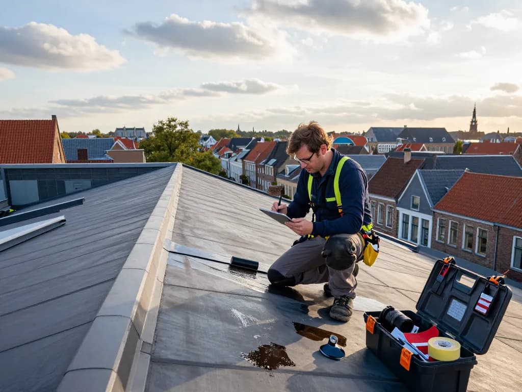 Professionele inspectie van daklekkage in Deventer met een dakdekker die rotschade analyseert onder fel zonlicht.
