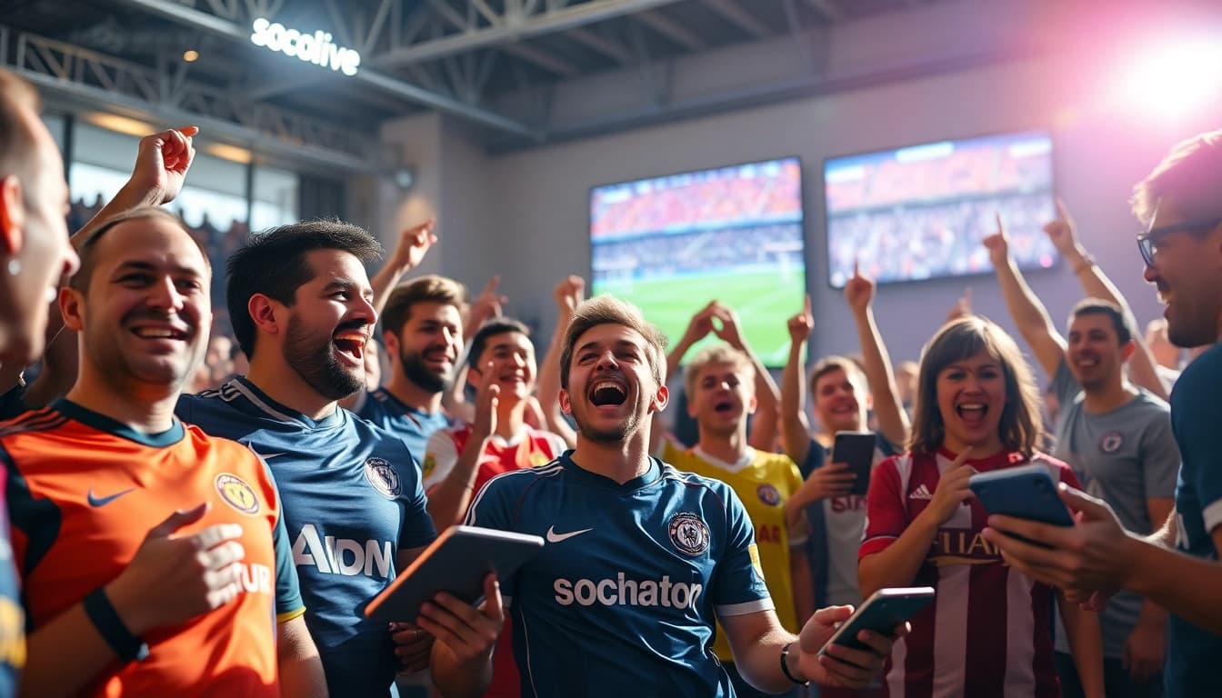 Socolive streaming football match with enthusiastic fans using tablets and smartphones.