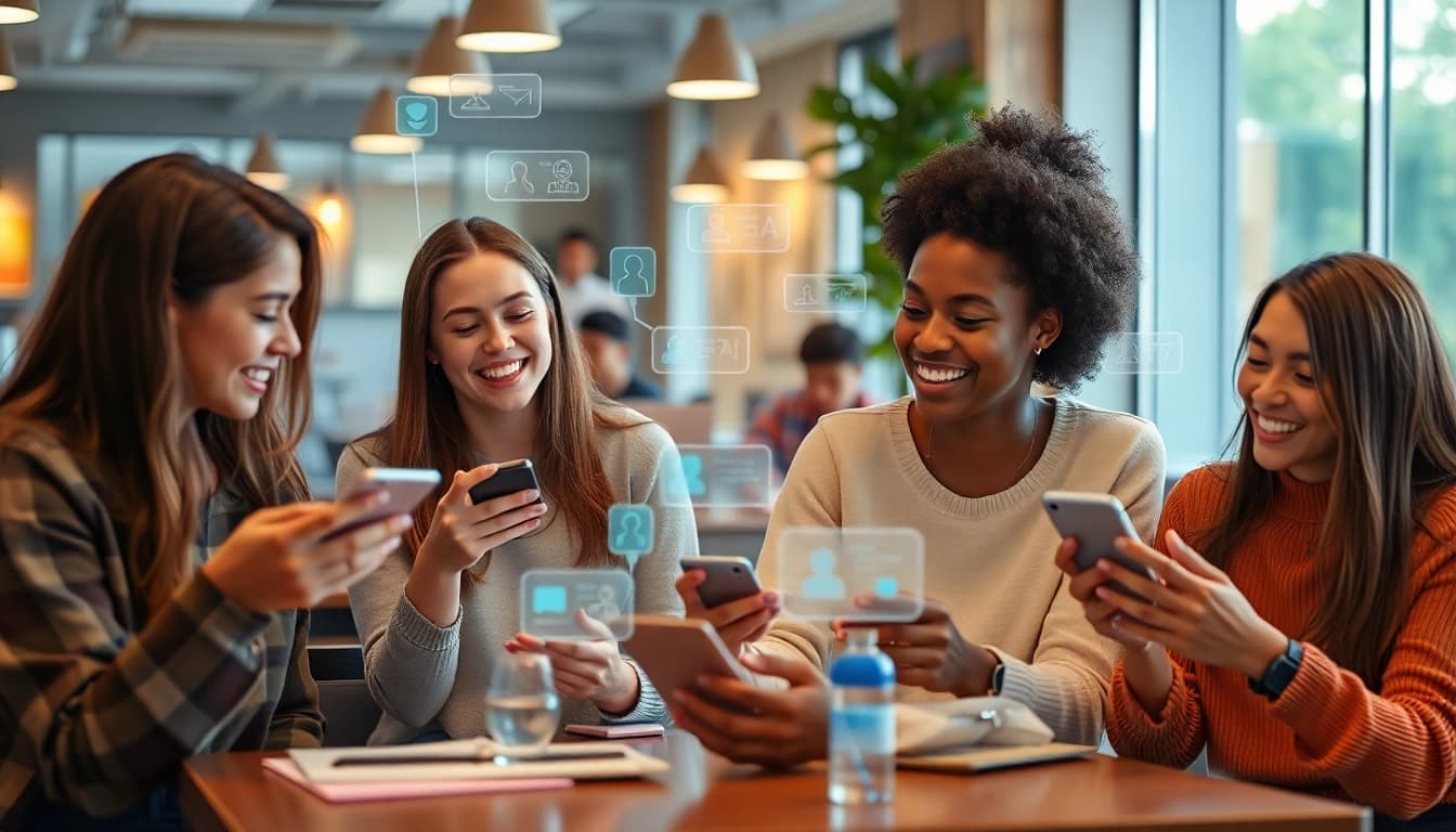 Sexting AI conversation among young adults using chatbots in a modern cafe.