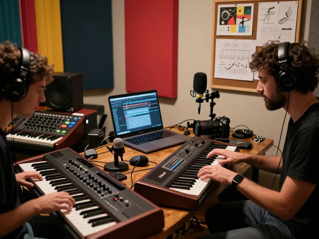 Musicians excitedly collaborating on music creation using VK88 organ in a vibrant home studio.