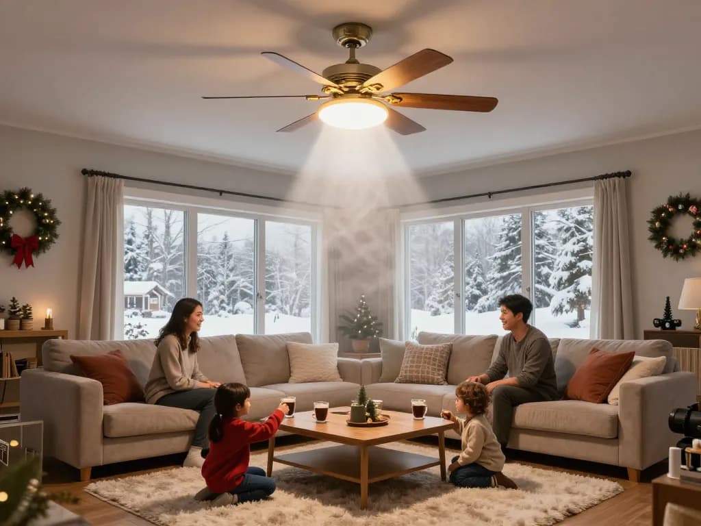 Gezellige woonkamer met een winterstand ventilator, gezin geniet van warme luchtcirculatie en feestelijke sfeer.