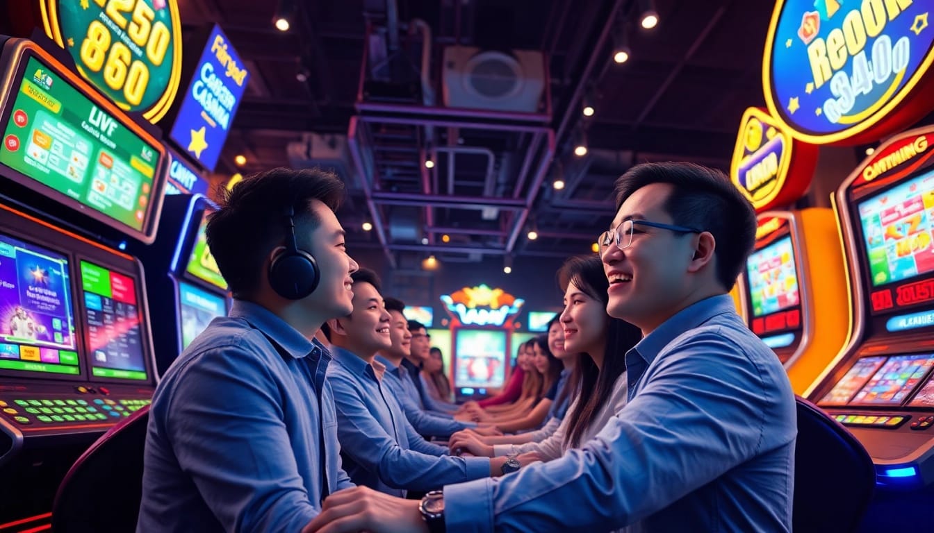 Exciting scene at Nhà cái AE888 showcasing immersive gaming experience with diverse players and vibrant casino atmosphere.