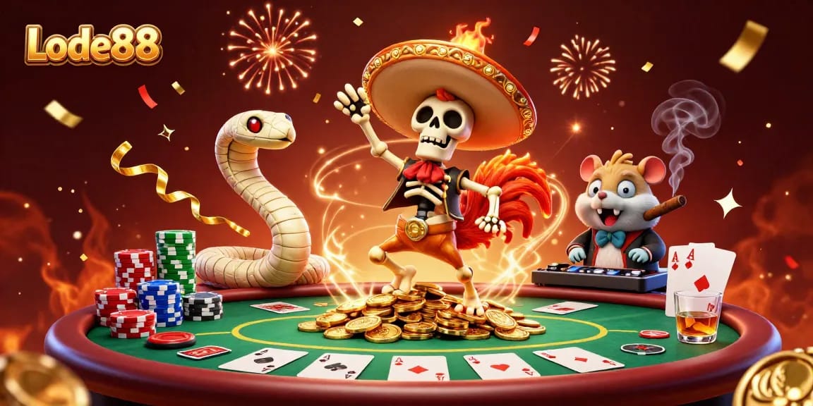 Lode88 showcases a vibrant celebration scene with a skeleton mariachi rooster and poker elements.