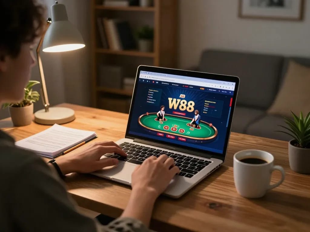 Experience thrilling online casino gaming at W88 with a cozy home setup.