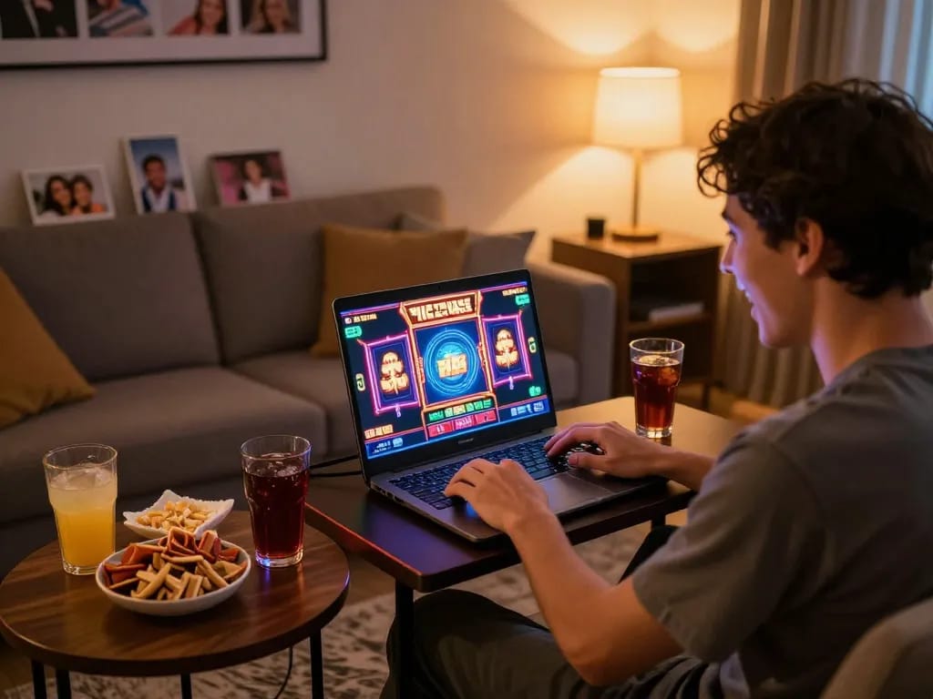 DEBET player enjoying thrilling online slots on laptop in a cozy gaming environment.