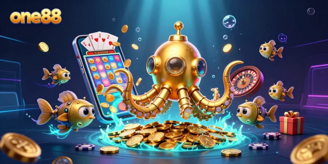Experience the excitement of one88 with a golden kraken submarine amidst a sea of coins, showcasing vibrant casino action.