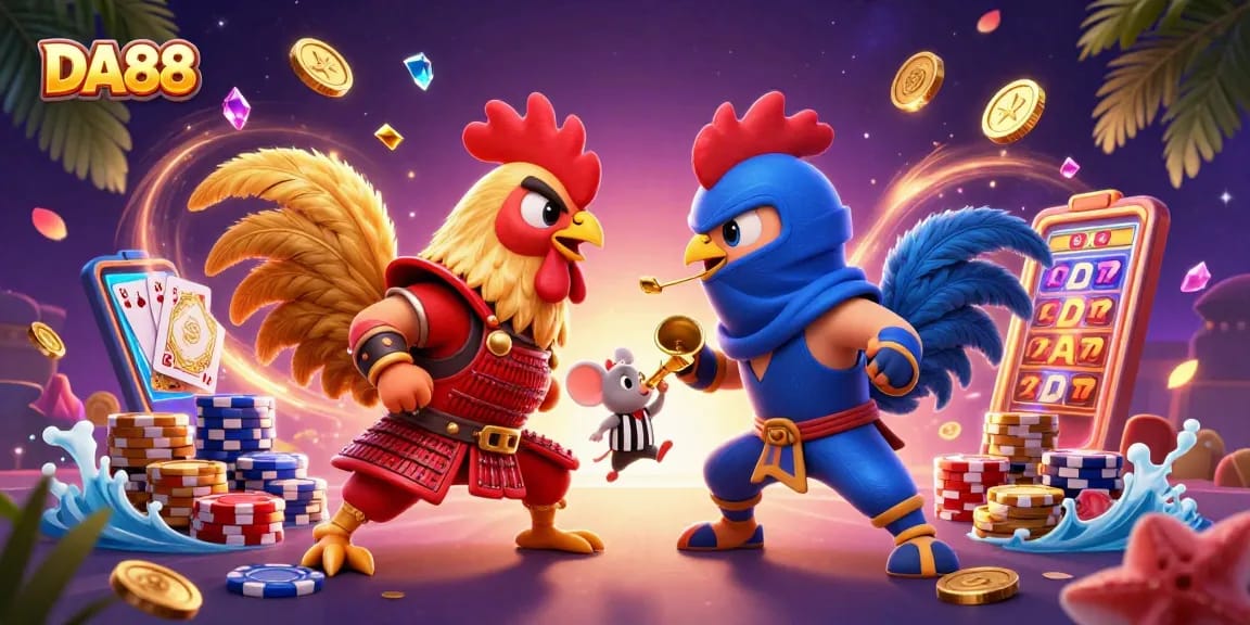 Engage in thrilling gameplay with DA88, featuring dynamic rooster combat and vibrant casino elements.