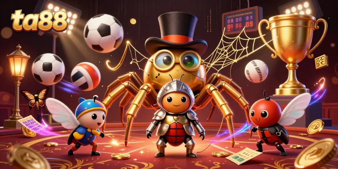 Experience the excitement of ta88 with a thrilling 3D illustration of a knight facing a giant tarantula in a fantastical casino setting.