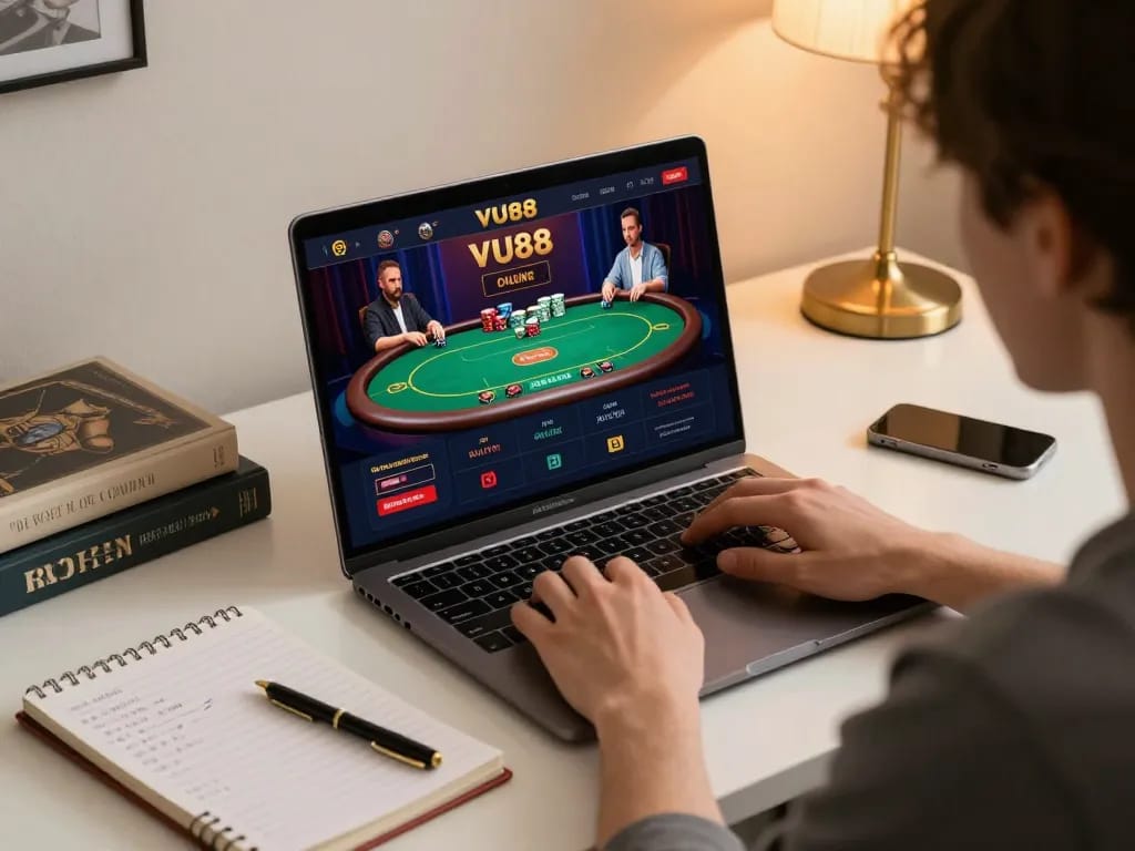 Player strategizing for VU88 online casino gaming with laptop at home.