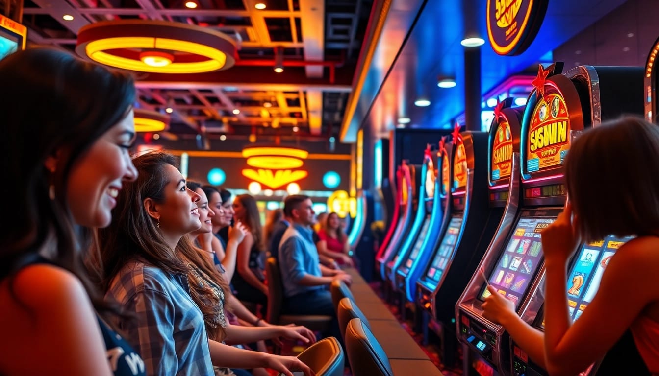 Players experiencing excitement at 555win casino with vibrant slot machines.