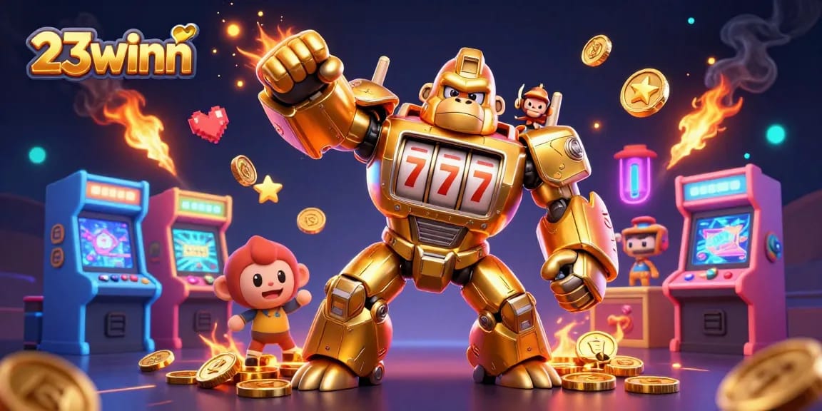 Engage with 23winn's exciting gaming scene featuring a golden gorilla mech amidst vibrant casino elements.