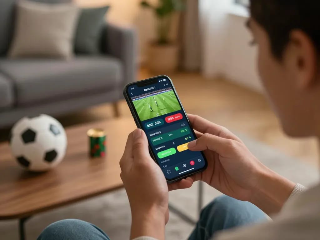 Person engaging in live sports betting on Vuabet88 app in a cozy home setting.