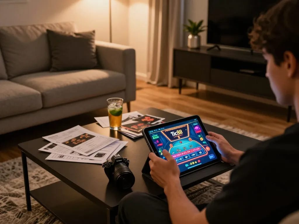 Engaging with the App Tic88 on a tablet in a cozy home gaming setup, showcasing responsible online gambling.