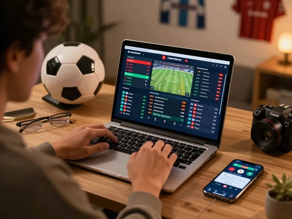 Person placing live sports bets using TA88 app on laptop, showcasing engaging sports betting strategy.