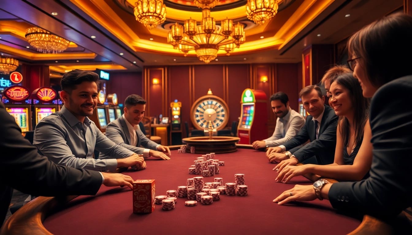 Experience the thrills at Nhà cái Lu88's luxurious casino with excited players and vibrant tables.