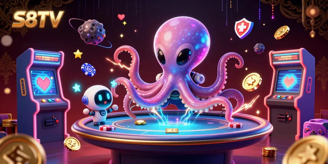 S8TV showcases an exciting alien-themed gambling scene with a vibrant transparent poker table.