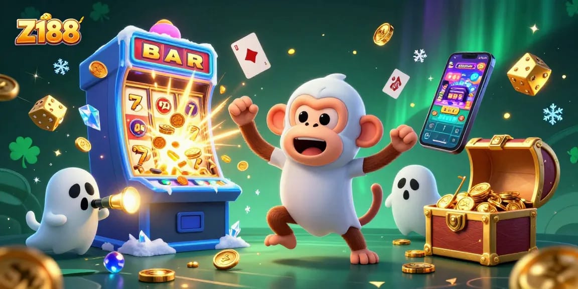 Z188 showcases a playful poltergeist monkey juggling coins and a curious puppy tracking it in a vibrant casino scene.