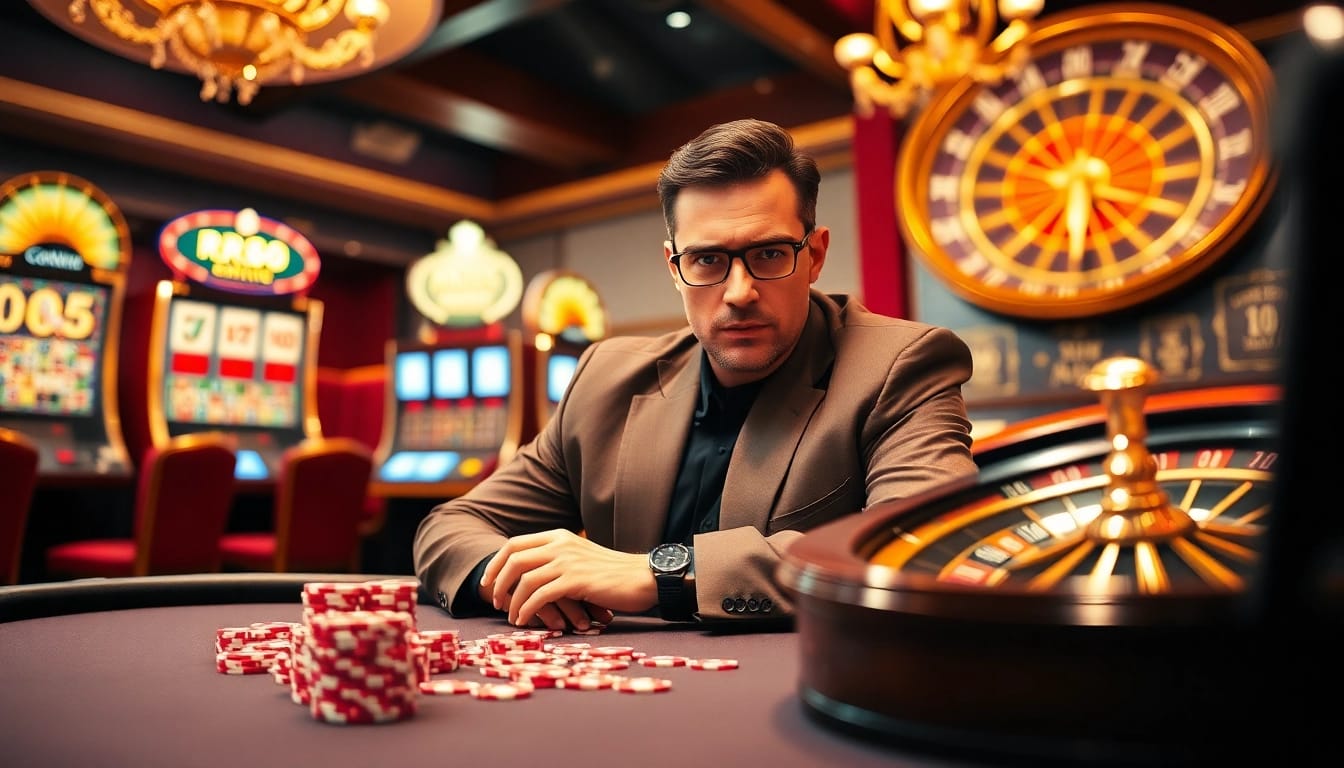 Winning at poker with RR88 casino chips and luxury slot machines in a vibrant atmosphere.