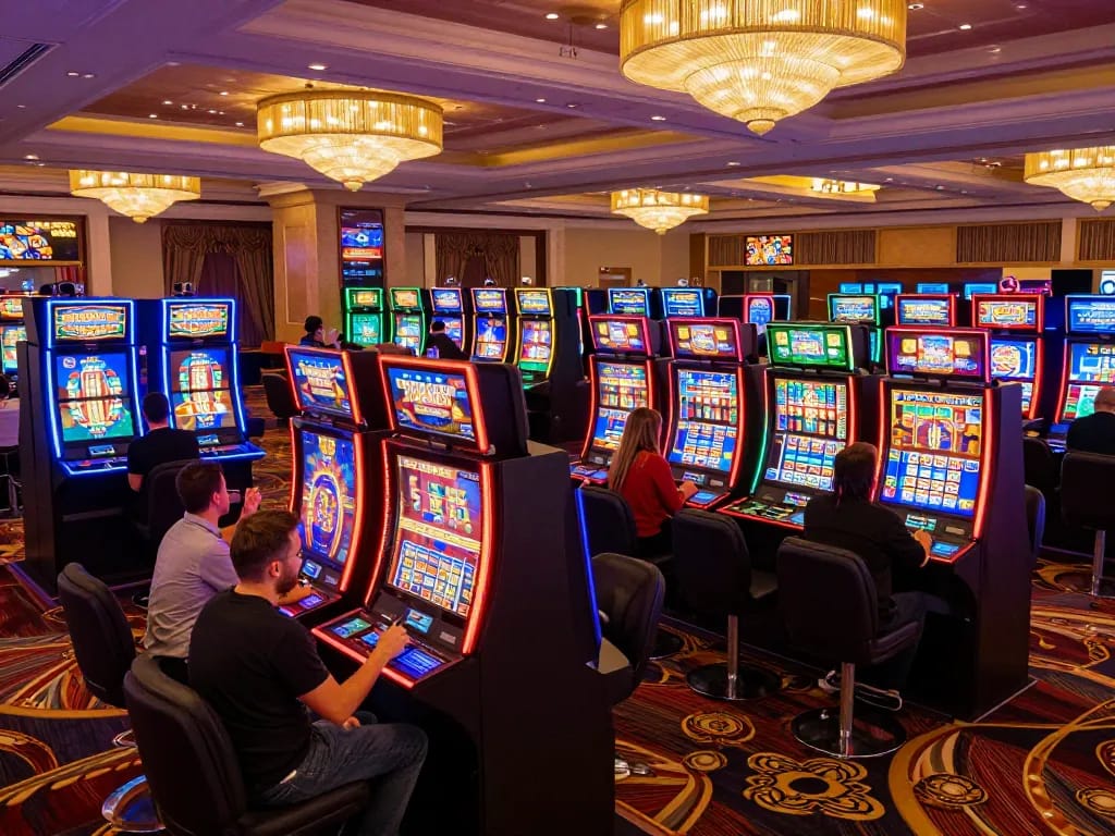 hbet2 players engaging with vibrant slot machines in an elegant casino atmosphere