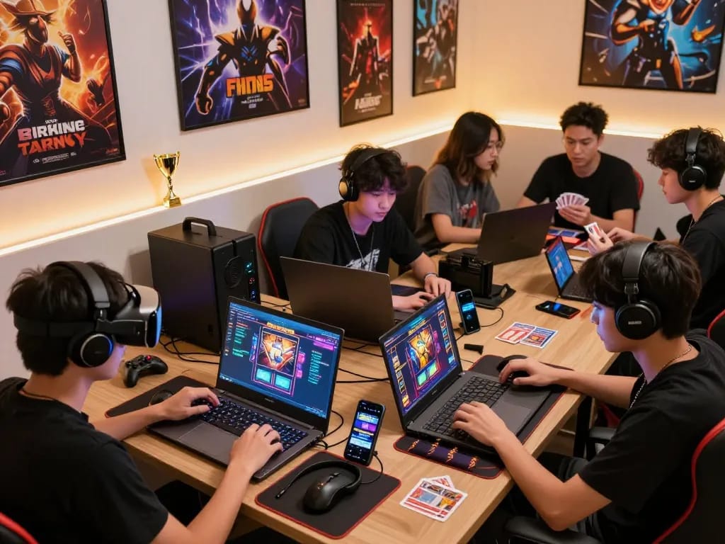 Engaged players enjoying hitclub's online gaming experience in a vibrant setup.