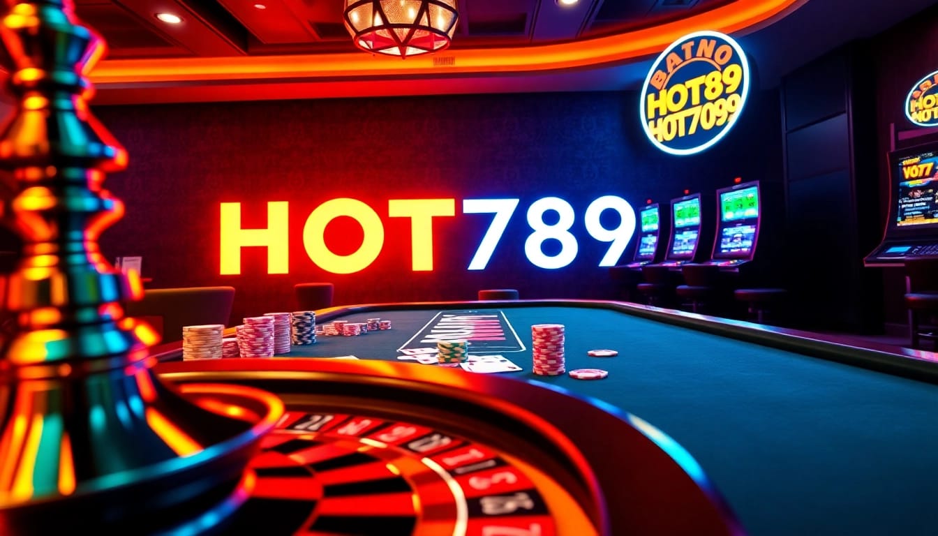 Exciting gameplay at HOT789 casino with vibrant poker table and glowing roulette wheel.