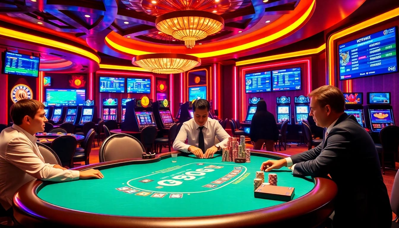 Engage in thrilling gambling at GO99 with poker chips, tables, and roulette wheels.