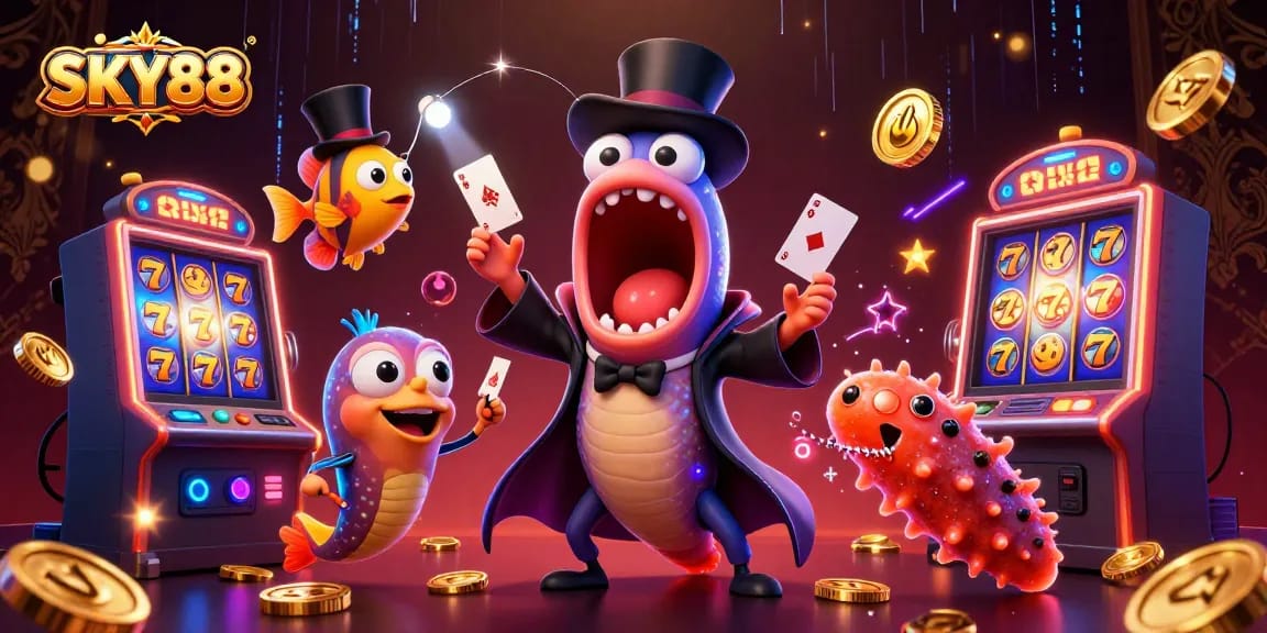 Engage with SKY88's thrilling gaming action featuring vibrant slot machines and magical sea creatures.