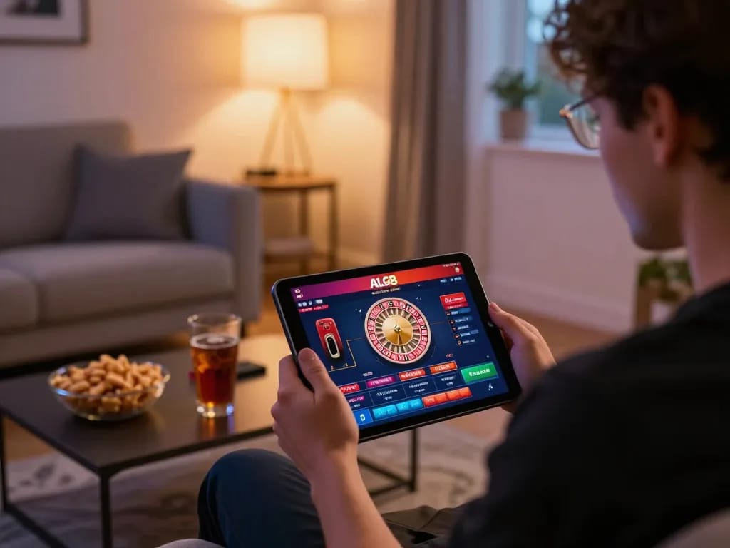 Player engaging with ALO8 online casino app on tablet in a cozy home setting