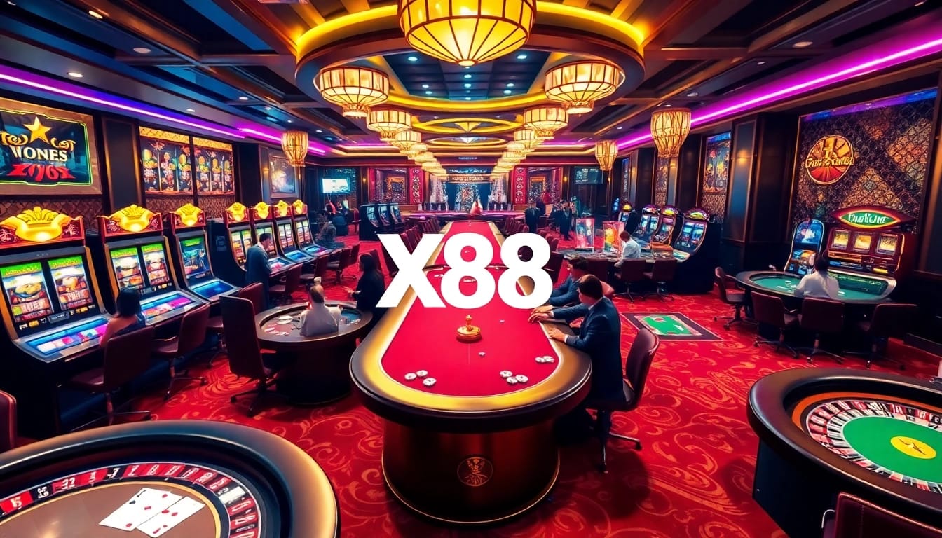 X88 casino scene with players enjoying high-end gambling at tables and slot machines.