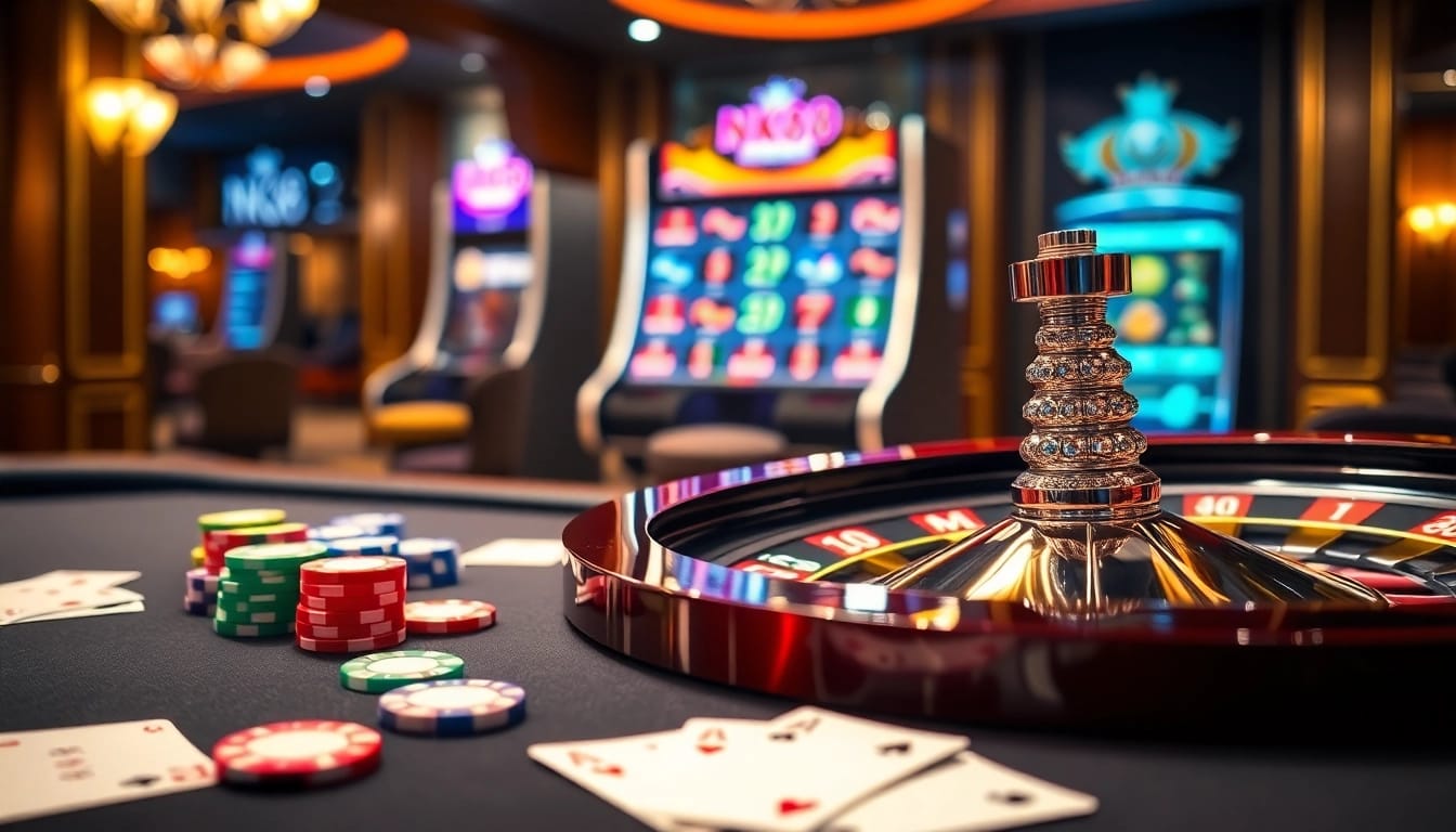 Experience high-stakes excitement at NK88's luxurious casino with vibrant roulette and poker elements.