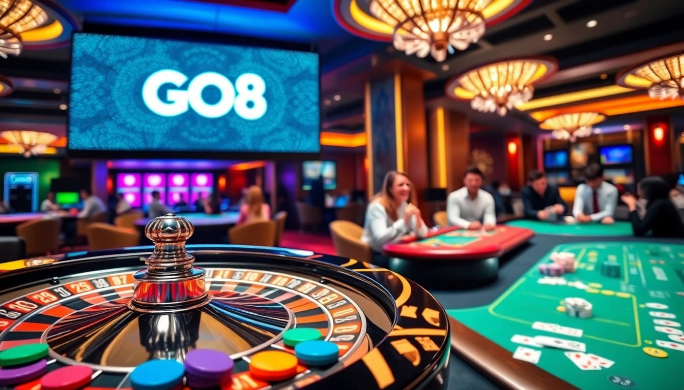 Experience the excitement of Go8 gaming with a vibrant casino scene showcasing poker and roulette.