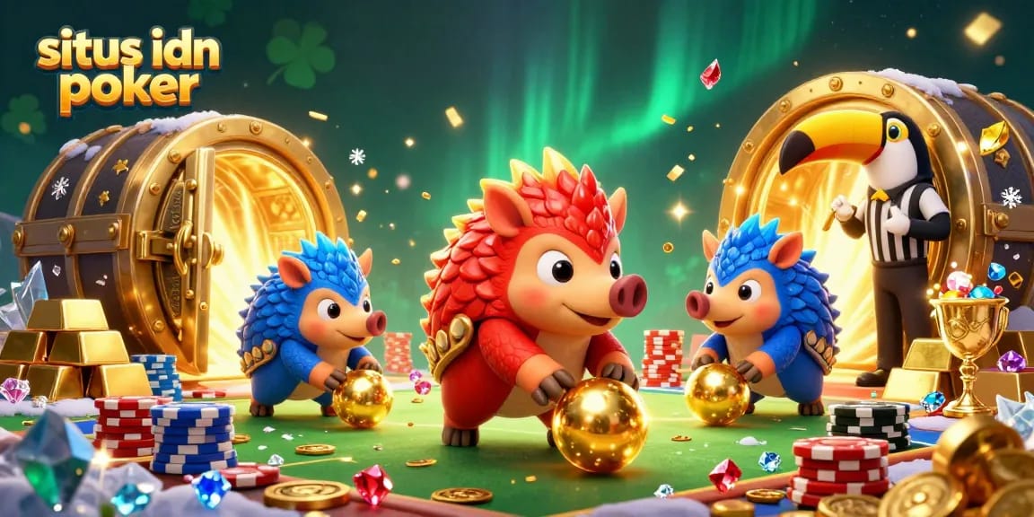 Permainan situs idn poker yang seru dengan pangolin berskala, chip poker, dan elemen kasino menarik.