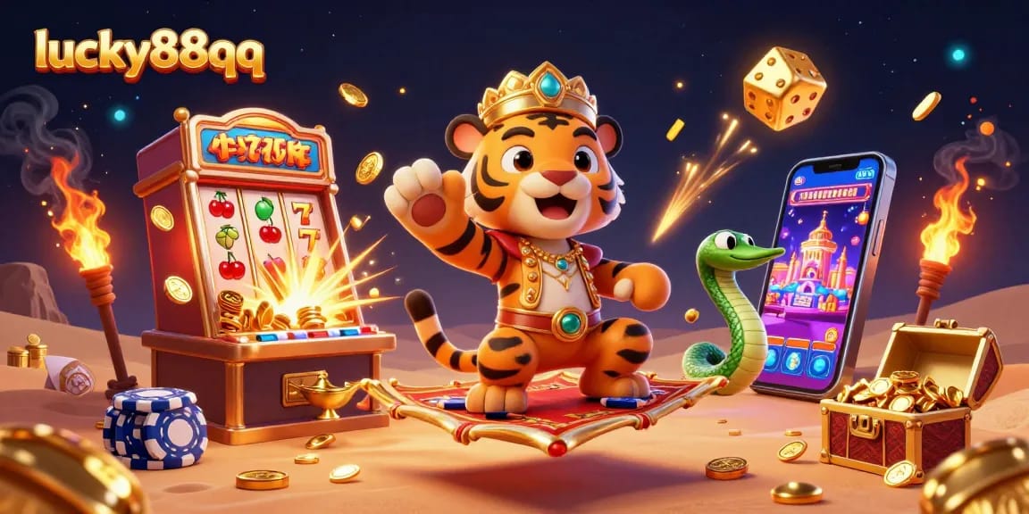 Engage with lucky88qq's vibrant 3D casino illustration depicting a tiger sultan amidst adventure and jackpots.