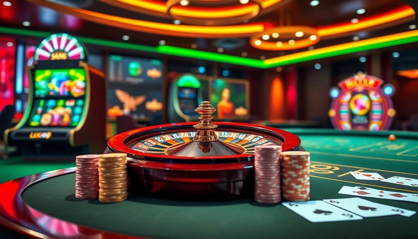 Experience the excitement of LUCK 8 with vibrant casino visuals featuring roulette, poker, and slot machines.