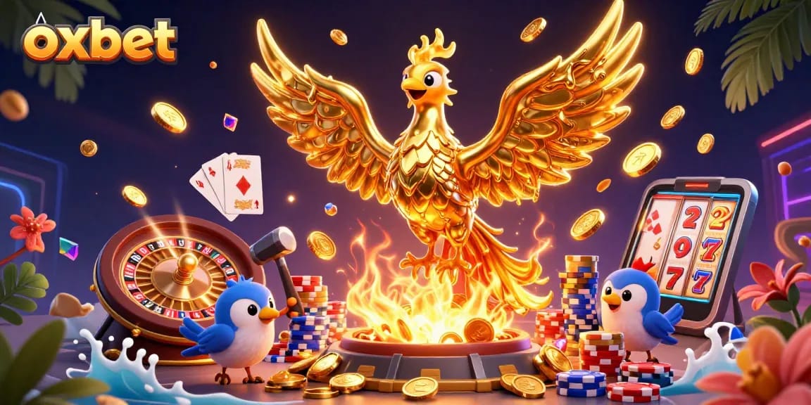 Experience thrilling gameplay at oxbet with a golden phoenix emerging in a vibrant casino scene.
