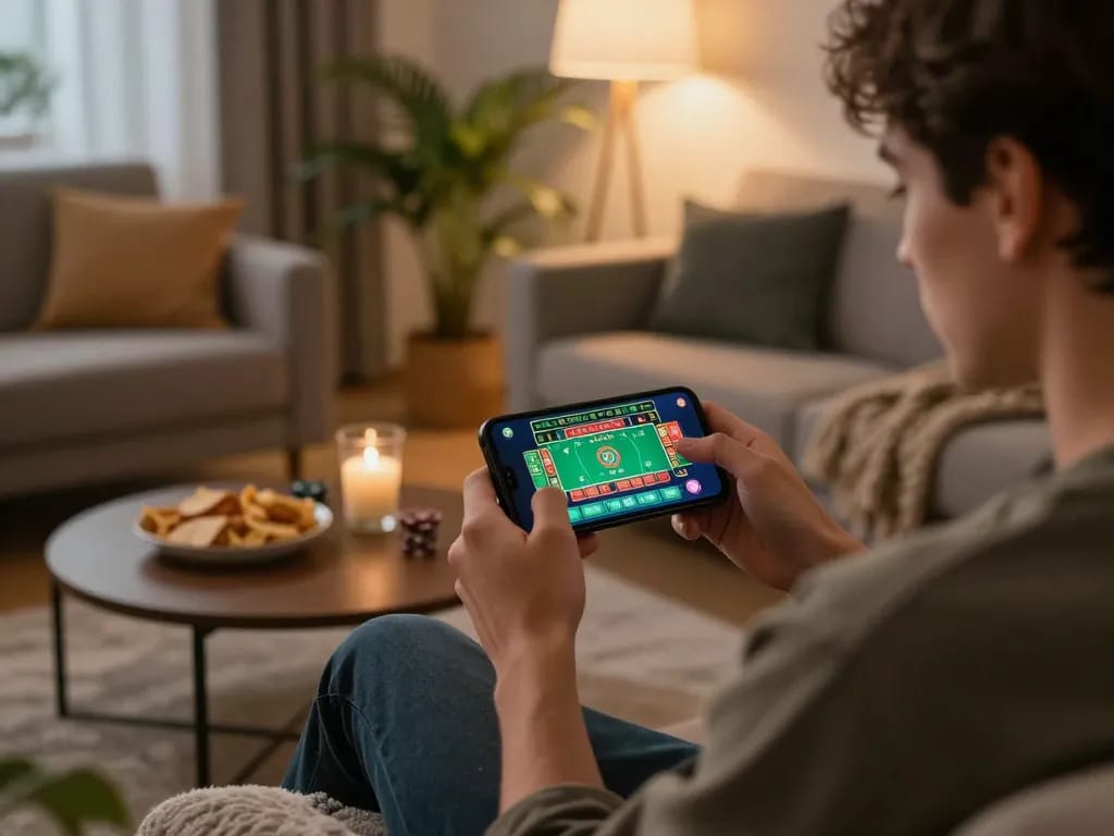 GEM88 player engaging in thrilling mobile gaming experience in a cozy living room ambiance.