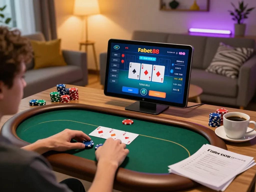 Engaged player using Fabet88 poker app on tablet during cozy home gaming session.