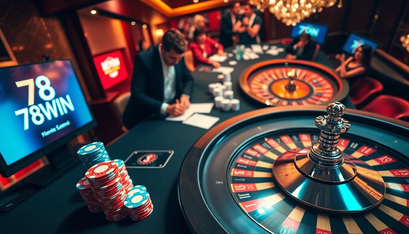 Experience thrilling poker excitement with 78WIN at an elegant casino table full of chips and cards.
