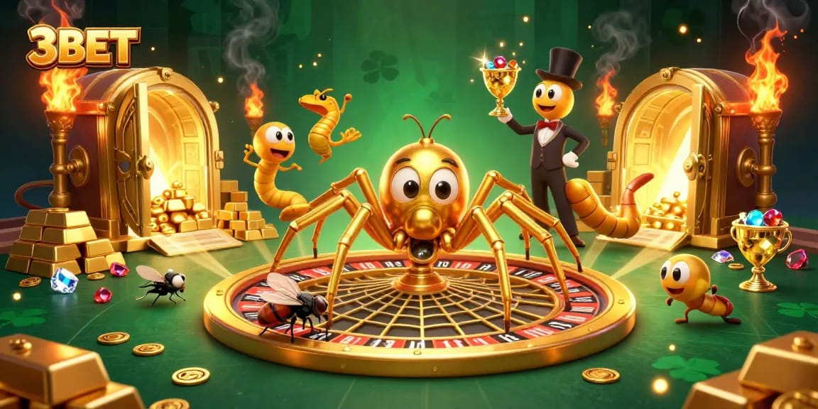 Engage in thrilling gameplay at 3BET, where a golden spider spins a roulette web and a centipede croupier leads the fun.