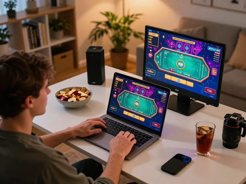 Player enjoying VK88 online casino games on a laptop in a cozy home environment with engaging gameplay