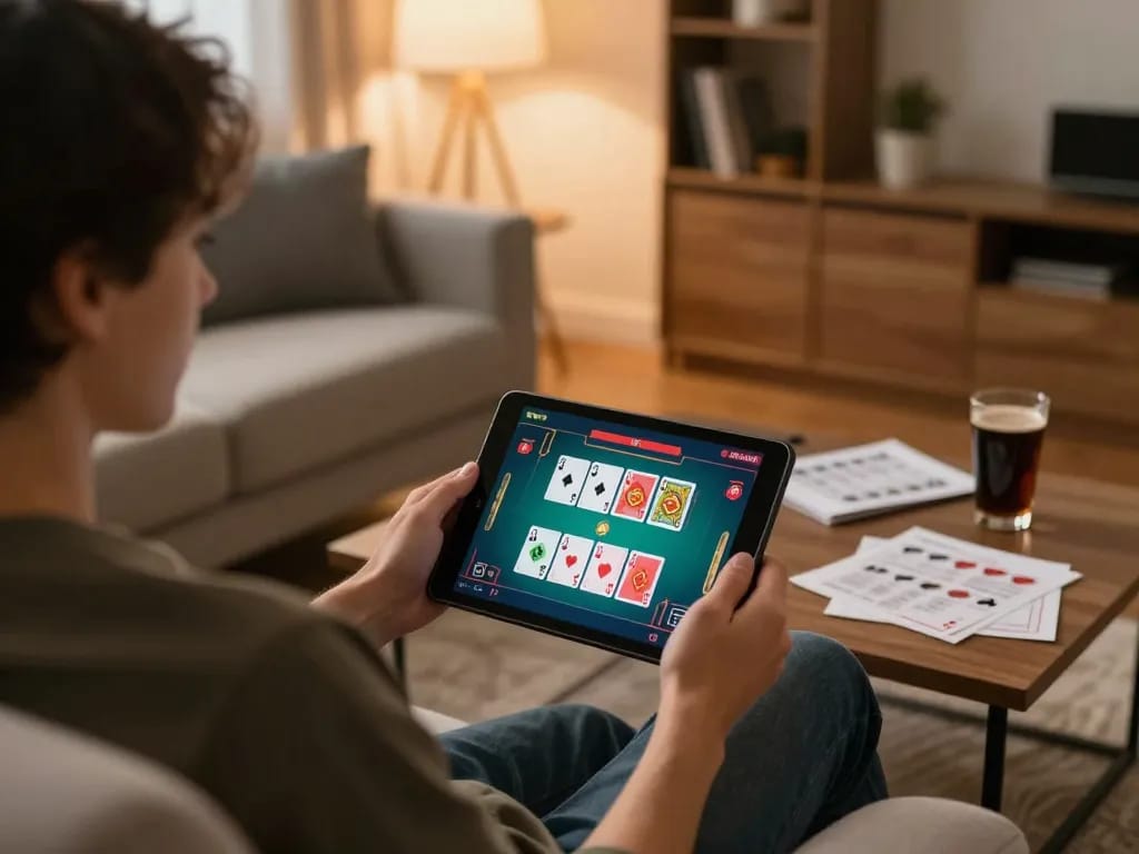 MAY88 player strategizing while engaged in online poker from a cozy home environment