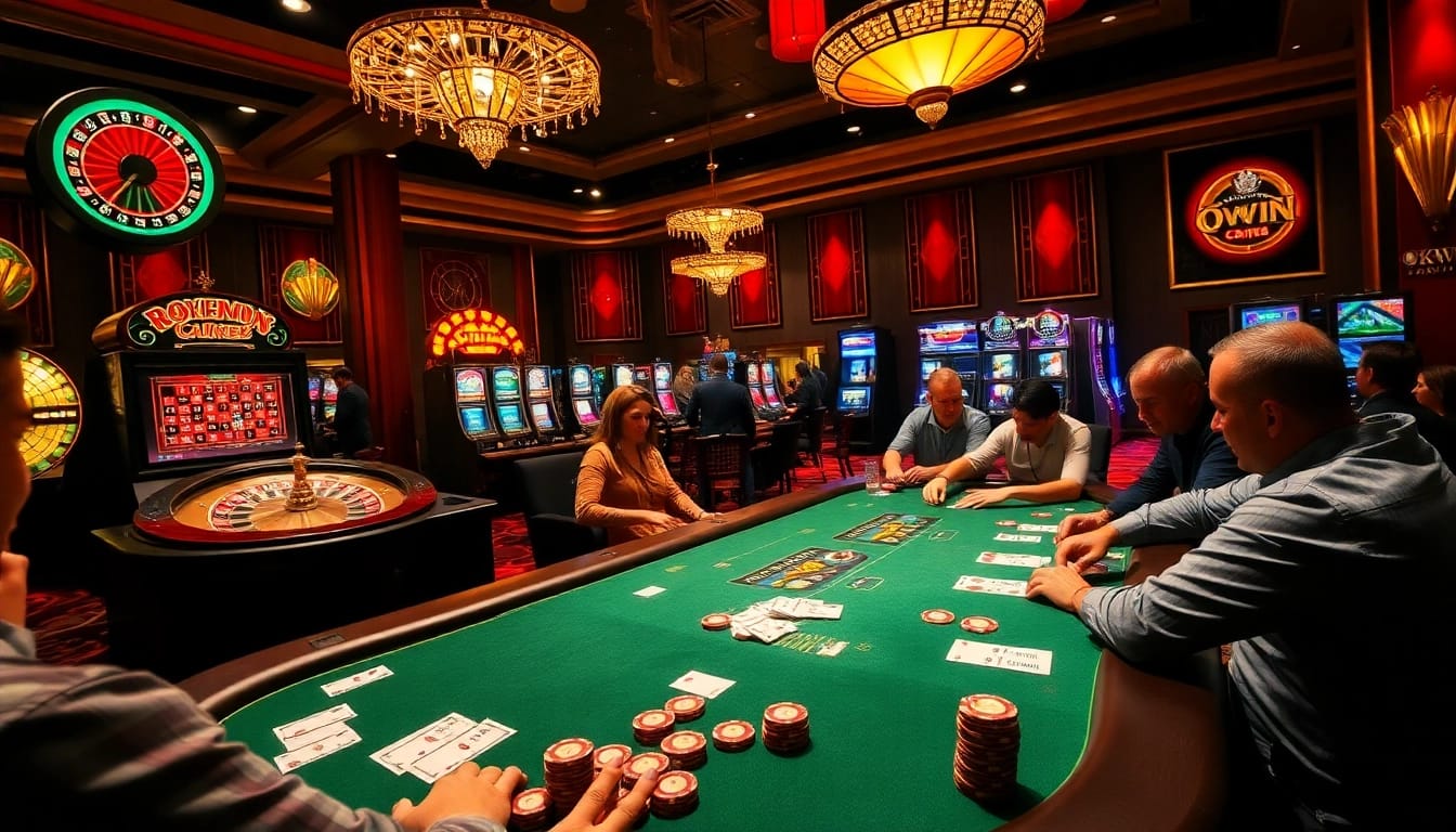 Experience the thrill of okwin gaming at a luxurious poker table surrounded by casino excitement.