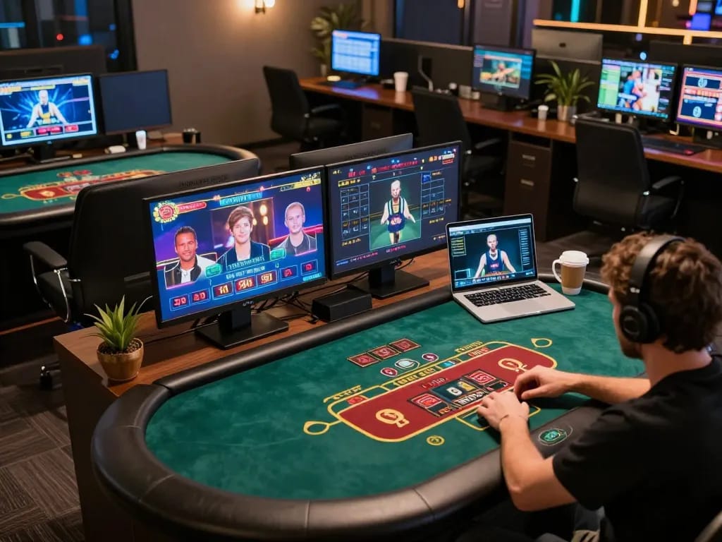 Engaging in strategic gaming at home on topbet3, showcasing poker tables and betting options.