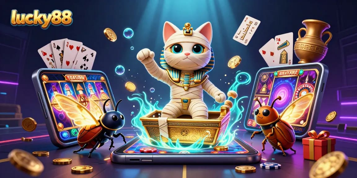 Play lucky88 at an engaging casino scene featuring a mummy cat, scarab, and lively gambling elements.