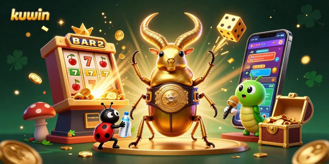 kuwin features a cartoon beetle champion surrounded by exciting casino elements in a vibrant illustration.