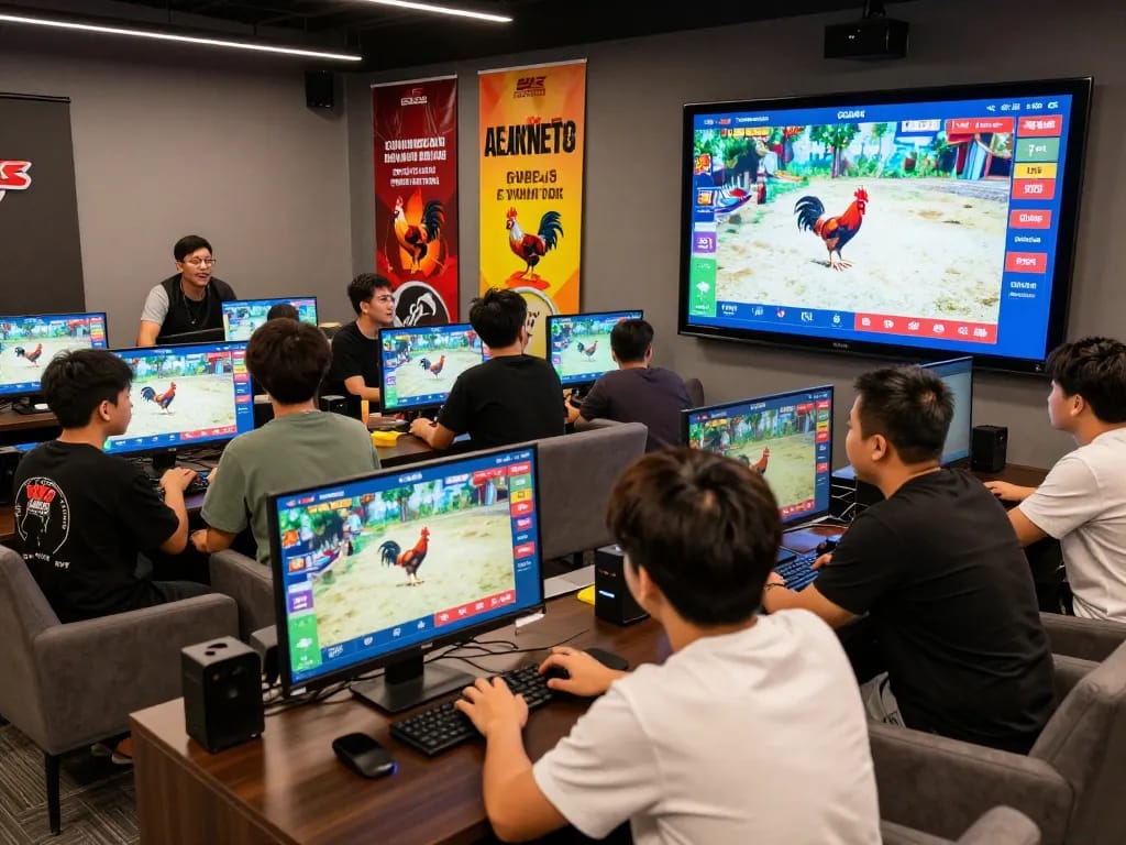 Engaged players at BJ388.my experiencing thrilling live cockfighting matches through an interactive digital betting platform.